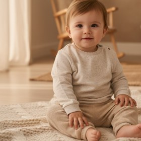 Resim Pamuk, Kenevir ve Yün Karışımlı Ekru Uzun Kollu Kışlık Bebek Sweatshirt - 6 Ay 