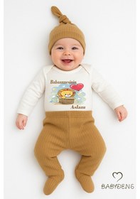 Resim Babyden's Babaannesinin Aslanı Yazılı 3 Lü Bebek Takımı Uzun Kol Çıtçıtlı Zıbın, Ribana Pantolon Ve Bere Seti Açık Kahverengi 