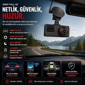 Resim Araç ici Kamera Wifi 3 Kameralı Full HD 1080P 30FPS Dash Cam Arka Kamera, Park Modu, Geniş Açılı Gece Görüşlü 