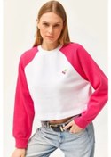 Resim Kadın Crop Sweatshirt Kiraz Desenli Pembe Beyaz Pembe 