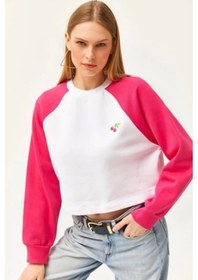 Resim Kadın Crop Sweatshirt Kiraz Desenli Pembe Beyaz Pembe 
