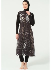 Resim Alfasa Gold Desenli Uzun Kimono Detaylı Tesettür Mayo 25535-26 - Siyah 