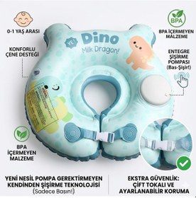 Resim Bebek Yüzme Simidi Bas Şişir Pratik 0-1 Yaş Çift Emniyet Kilitli Mavi Dino Simit 