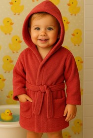 Resim CottonVerse Bebek & Çocuk Kapşonlu Bornoz - %100 Pamuk, Unisex Kırmızı - Kırmızı / 5-6 Yaş 