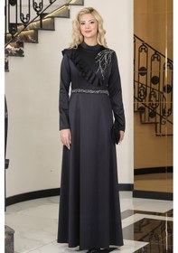 Resim Raika Moda Omuz Taş Baskı Şık Saten Ada Büyük Beden Tesettür Abiye Siyah 