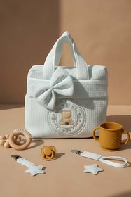 Resim Mavi Ayıcık Fiyonklu Anne Bebek Bakım Çantası 