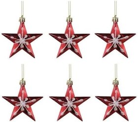 Resim Kırmızı Yıldız Noel Ağacı Süsü, 6'lı Set, Parlak Gümüş Kar Tanesi Desenli, Asılabilir Yılbaşı Dekorasyonu 6 cm 