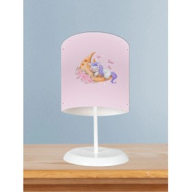Resim Bebek ve Çocuk Odası Aya Sarılan Unicorn Desenli Pembe Abajur 