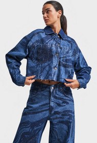 Resim Kadın Mavi Renk Parlak Taş Detaylı Crop Fit Denim Ceket - Mavi / M 
