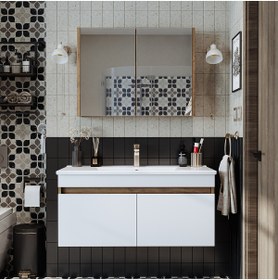 Resim ROOMART '' Lavabolu '' Atlantik-beyaz Mat Mdf 100 Cm Banyo Alt Dolap Aynalı Üst Dolap Banyo Dolabi Seti 