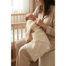 Resim Hamur Bebek 4 Katlı Müslin Pike Örtü %100 Pamuk 2'li Ağız Bezi Hediyeli Yenidoğan 85x100 Battaniye Ekru 