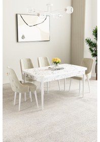Resim Mabel Beyaz Mermer Desen 80x132 Açılabilir Yemek Odası Takımı 4 Adet Sandalye Krem 