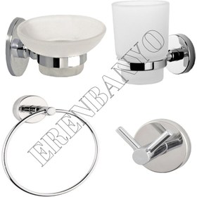 Resim Krom Banyo 4 Lü Set Bornoz Askılık, Yuvarlak Havluluk, Diş Fırçalık, Sabunluk 