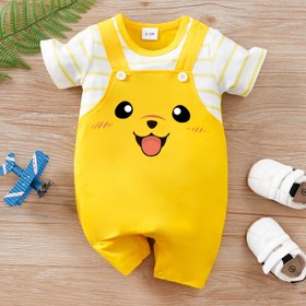 Resim YIERYING Bebek Yazlık Üstü - Sevimli Sarı Köpek Baskısı, Mavi ve Beyaz Çizgili, Sahte Sırt Çantası Tasarımı, Kısa Kollu, Yuvarlak Yaka, Bol Kesim, Günlük Çıkışlar İçin, Gençler İçin Romper, Açık Hava İçin 