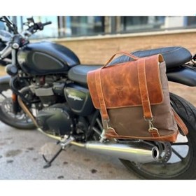 Resim Motosiklet Çantası, Motosiklet Yan Çantası, Deri Çanta, Mumlu Kanvas, Geçme Kilitli Kahverengi Addison 
