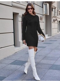 Resim Aqe Fashion Kadın Düğme Detaylı Uzun Kollu Saç Örgü Boğazlı Mendil Yaka Siyah Triko Tunik Elbise Siyah 