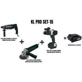 Resim Klpro Set-15 950W 28 MM 4.0 J Sds Plus Pnömatik Kırıcı Matkap + 1100W 125 MM Elektrikli Devir Ayarlı Avuç Taşlama + Şarjlı Darbeli Vidalama / Matkap Kömü 