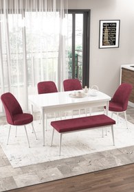 Resim Canisa Concept Via Serisi Açılabilir Mutfak Masası Takımı Beyaz Masa 4 Bordo Sandalye 1 Bench 