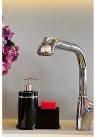 Resim Makri Home Mutfak Veya Banyo İçin Şık Gümüş Detaylı Süngerlikli Sıvı Sabunluk , Yerli Üretim Siyah 