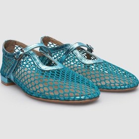 Resim %100 Hakiki Deri Mavi Fileli Toka Detaylı Kadın Babet-mavi Mavi 