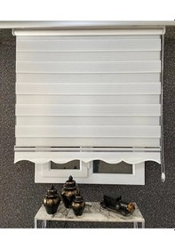 Resim Geniş Plise Ekru Beyaz Eteği Dilimli Stor Zebra Güneşlik Perde Alüminyum Kasa, Metal Ayak Beyaz 