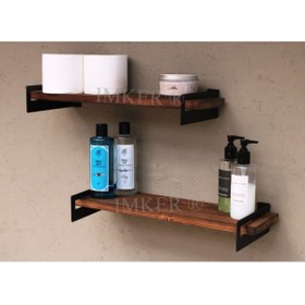 Resim IMKER HOME Metal Ayaklı Masif Ahşap Banyo Duvar Rafı Seti Düzenleyici Organizer Terek 2li 50cm 