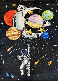 Resim Çocuk Odası Halısı Astronot Uzay Desenli Siyah Dijital Baskı Kaymaz Makinede Yıkanabilir Oyun Halı Siyah 