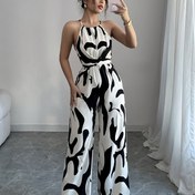 Resim Kadınlar İçin Şık Halter Boyun Geniş Paça Tulum - Siyah & Beyaz Çiçek Desenli Kolsuz Romper, Makinede Yıkanabilir Bol Kesim Tatil, Gece ve Günlük Kullanım için, Kadın Giyimi, Saydam Olmayan Kumaş 