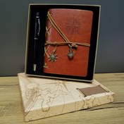 Resim Kahverengi Pusula Tasarım Deri Defter Ve Siyah Kalem Seti 