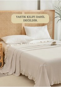 Resim Buldan Keten Yatak Örtüsü, Pamuklu Keten, Fırfırlı Bej 