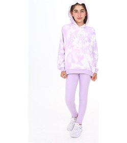 Resim Toontoy Kids Toontoy Kız Çocuk 2'li Takım Baskılı Kapüşonlu Düşük Omuz Cepli Sweatshirt & Basic Düz Tayt Açık Lila 