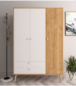 Resim Floradesign Tema Elbise Dolabı Üç Kapaklı Çekmeceli Dolap Gardırop 120cm Meşe 