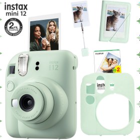 Resim Fujifilm Instax mini 12 Yeşil Fotoğraf Makinesi-20'li Film-Kıskaçlı Stand-Mini Albüm ve Silikon Kılıf Seti 
