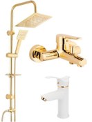 Resim ARMİLLA ARMATÜR Kare Gold Robot Duş Sistemi Banyo Bataryası Ve Beyaz Gold Kartal Lavabo Bataryası Musluğu 3’lü Set 