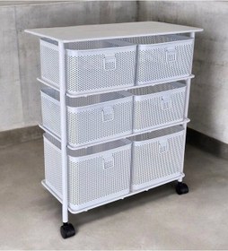 Resim Metal Tekerlekli Paslanmaz Sebzelik 6 Bölmeli 3 Katlı Beyaz Beyaz 