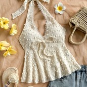 Resim Şık Halter Boyun A-Line Tank Üstü, Polka Dot Desenli ve Ruffle Detaylı - Kolsuz, Bağcıklı Tasarım Kadınlar İçin, Bahar/Yaz/Sonbahar İçin Mükemmel, Günlük Giyim|Ruffle Detaylı Üst| Dokulu 