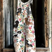 Resim 1 adet Kadın Rahat Çiçek ve Dachshund Baskılı Bağcıklı Askılı Tulum, Polyester Kumaş, Tüm Sezon Giyim 