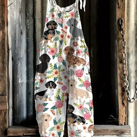 Resim 1 adet Kadın Rahat Çiçek ve Dachshund Baskılı Bağcıklı Askılı Tulum, Polyester Kumaş, Tüm Sezon Giyim 