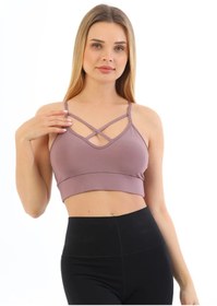 Resim by İGP Kadın Mürdüm Önden Çapraz Bralet Pedli Spor Büstiyer Crop 