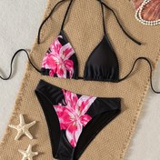 Resim Askılı Siyah Seksi Bikini, Sırtı Açık Düşük Bel ve Çiçek Desenli 