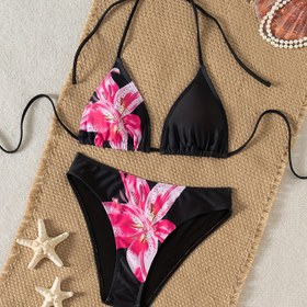 Resim Askılı Siyah Seksi Bikini, Sırtı Açık Düşük Bel ve Çiçek Desenli 