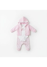 Resim Çiçek Desenli Hırkalı Kız Bebek Takım 3lü Set Pembe 
