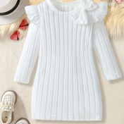 Resim Kız Çocuk Düz Renk Fırfırlı Kollu Fiyonk Detaylı Uzun Kollu Elbise - Hafif Esnek Kumaş, Yuvarlak Yaka Günlük İlkbahar/Sonbahar Dış Giyim Oyun Kıyafeti 
