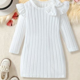 Resim Kız Çocuk Düz Renk Fırfırlı Kollu Fiyonk Detaylı Uzun Kollu Elbise - Hafif Esnek Kumaş, Yuvarlak Yaka Günlük İlkbahar/Sonbahar Dış Giyim Oyun Kıyafeti 