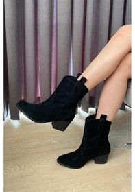 Resim Kadın Siyah Süet Kısa Topuklu Kovboy Bot Siyah Süet 