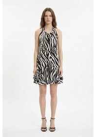 Resim Quzu Zebra Desenli Halter Yaka Mini Elbise Kahverengi Kahverengi 