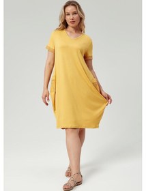 Resim Kadın Büyük Beden Cep Ve Kol File Detaylı Sarı Elbise Sarı 