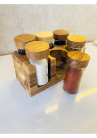 Resim Mien 6 Lı Akasya Kapaklı Ve Akasya Standlı Baharatlık Seti Bej 