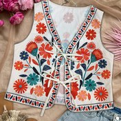 Resim Ön Bağlama Detaylı ve Canlı Çiçek Baskılı Kadın Kolsuz Yelek - Hafif İlkbahar/Yaz Ceketi, Makinede Yıkanabilir Görünmez Kumaş ile Sıcak Hava İçin 
