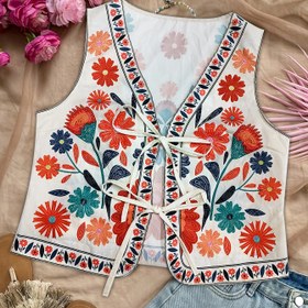 Resim Ön Bağlama Detaylı ve Canlı Çiçek Baskılı Kadın Kolsuz Yelek - Hafif İlkbahar/Yaz Ceketi, Makinede Yıkanabilir Görünmez Kumaş ile Sıcak Hava İçin 